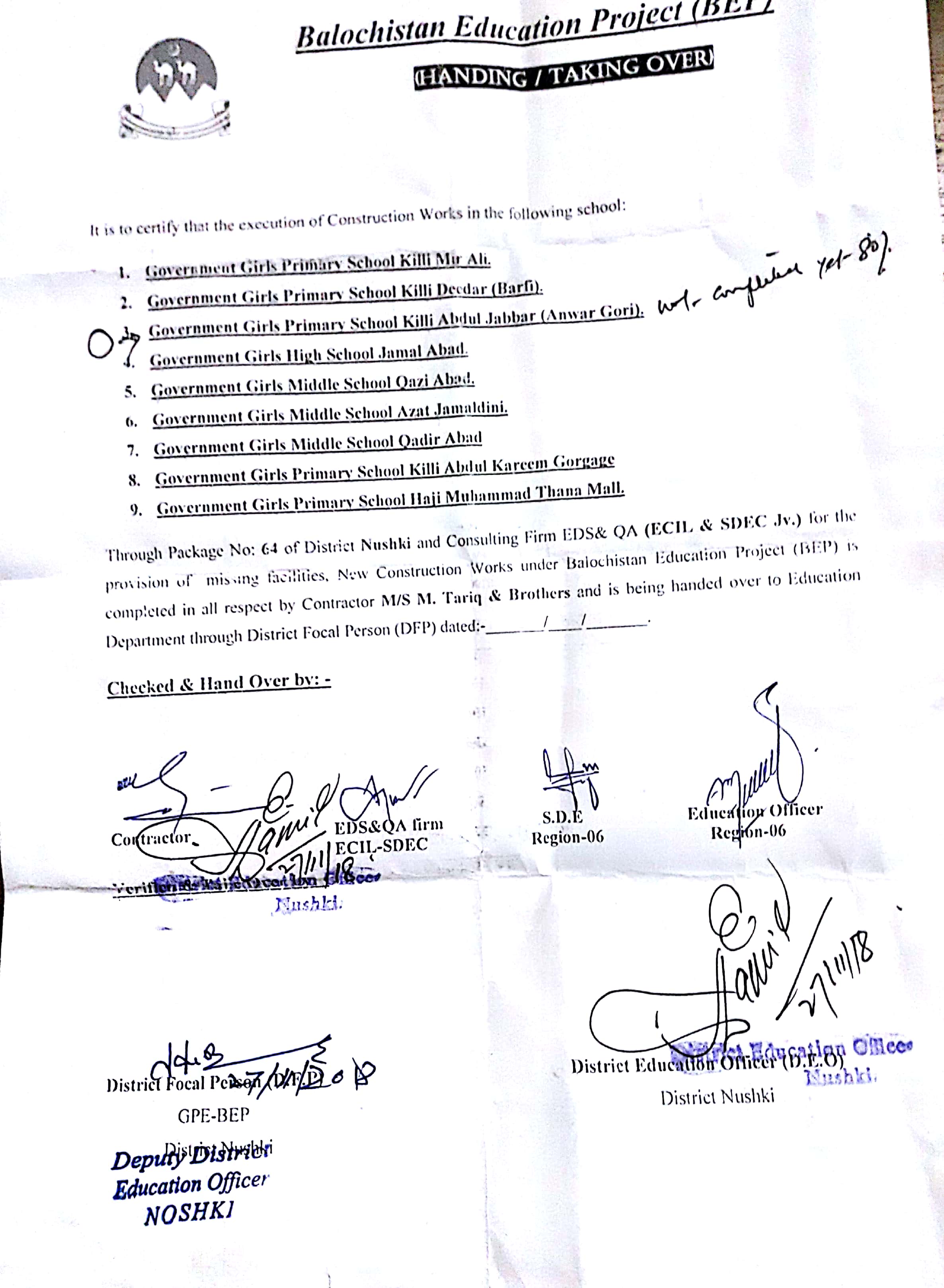 Handing Over Certificate